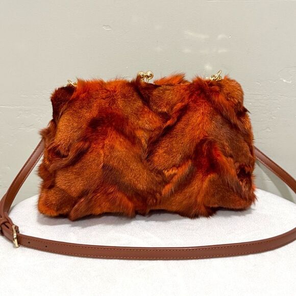 Real Fox Fur Herringbone Pattern Handmade Kisslock Clutch/Shoulder Bag/Crossbody - Picture 4 of 16